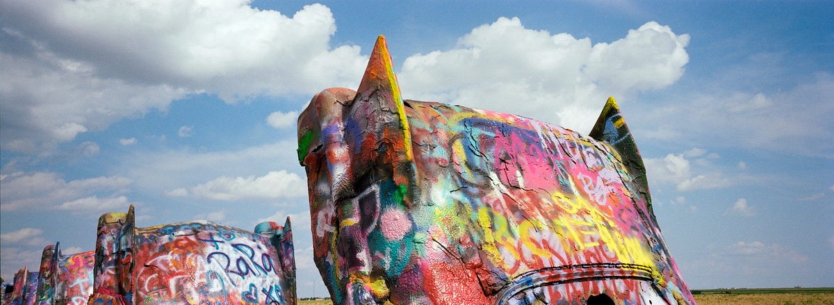 Cadillac Ranch in Amarillo, Texas, USA. Taken by Lucas Taylor on a Hasselblad XPan camera.