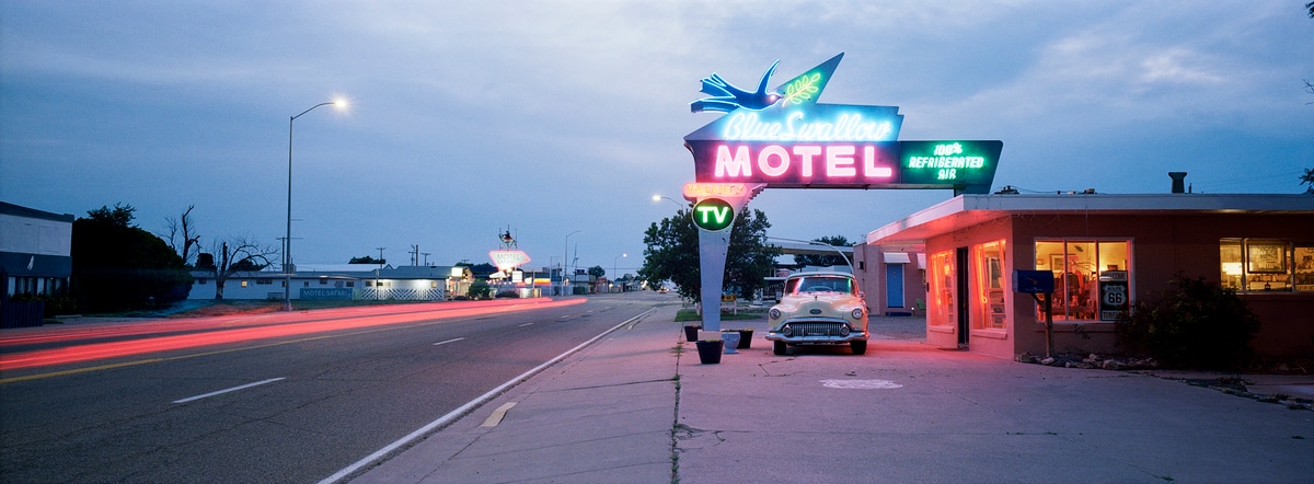 Blue Swallow Motel in Tucumcari, New Mexico, USA. Taken by Lucas Taylor on a Hasselblad XPan camera.