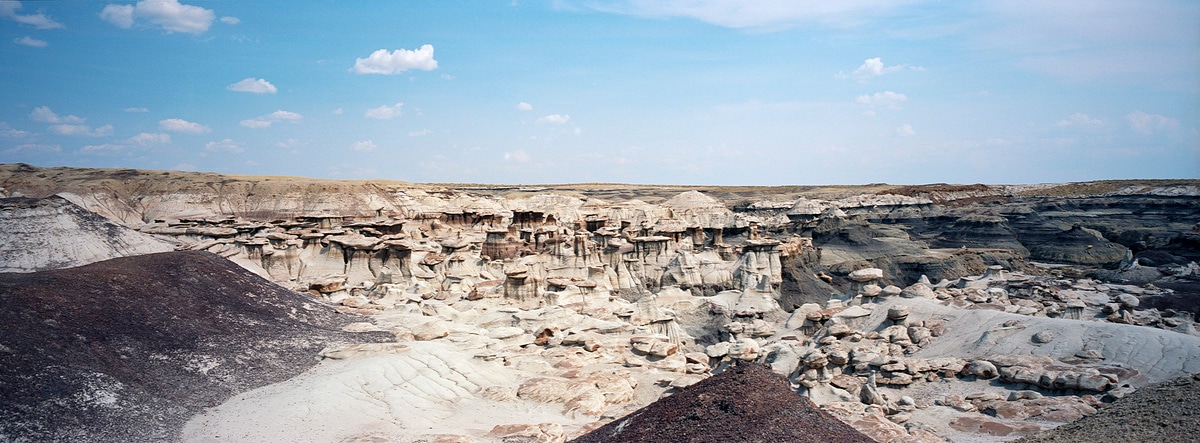 Alien-looking rock formations at Bisti Badlands, New Mexico, USA. Taken by Lucas Taylor on a Hasselblad XPan camera.