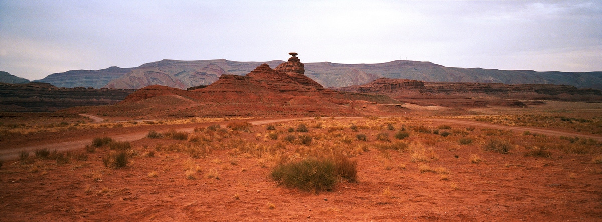 Mexican Hat rock formation in Mexican Hat, Utah, USA. Taken by Lucas Taylor on a Hasselblad XPan camera.