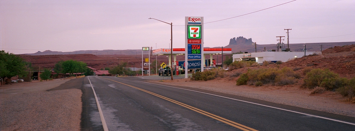 Gas station with a scenic background in Mexican Hat, Utah, USA. Taken by Lucas Taylor on a Hasselblad XPan camera.