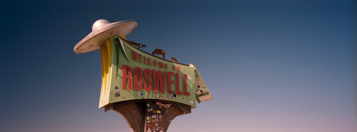 A strange UFO welcome sign in Roswell, New Mexico, USA. Taken by Lucas Taylor on a Hasselblad XPan camera.