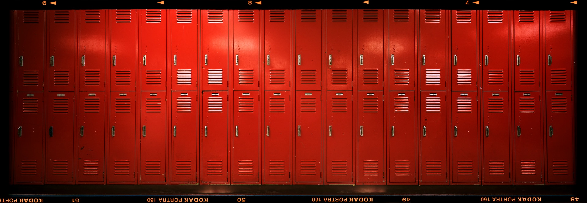 6x17 photograph of school lockers, taken in Silo, Oklahoma, USA. Taken by Lucas Taylor on the ND 6x17 camera.