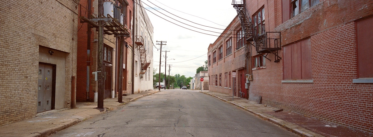 Brick buildings in Paris, Texas. Taken by Lucas Taylor on a Hasselblad XPan camera.
