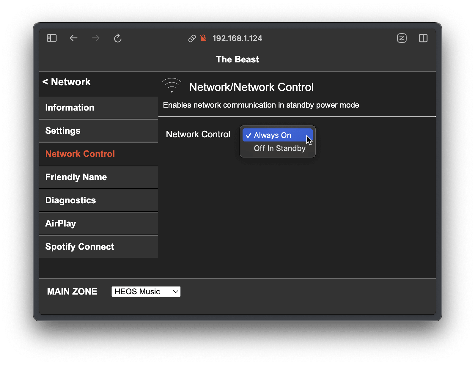 A screenshot of the Network Control settings on Denon's web control panel