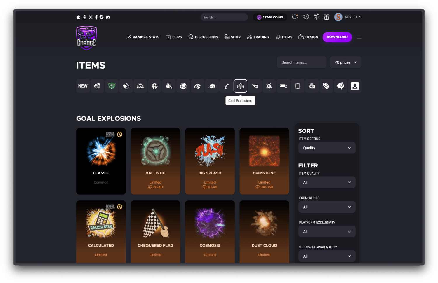 A screenshot of the Item Database page