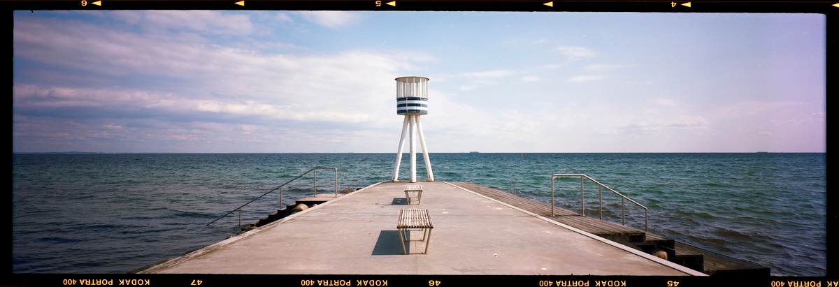 6x17 photograph of a lifeguard tower at Bellevue Beach, Denmark. Taken by Lucas Taylor on the ND 6x17 camera.
