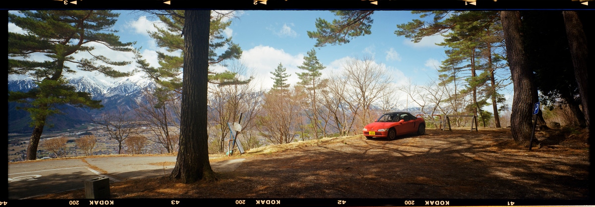 6x17 photograph taken of a Honda Beat in Omachi, Nagano, Japan. Taken by Lucas Taylor on the ND 6x17 camera.