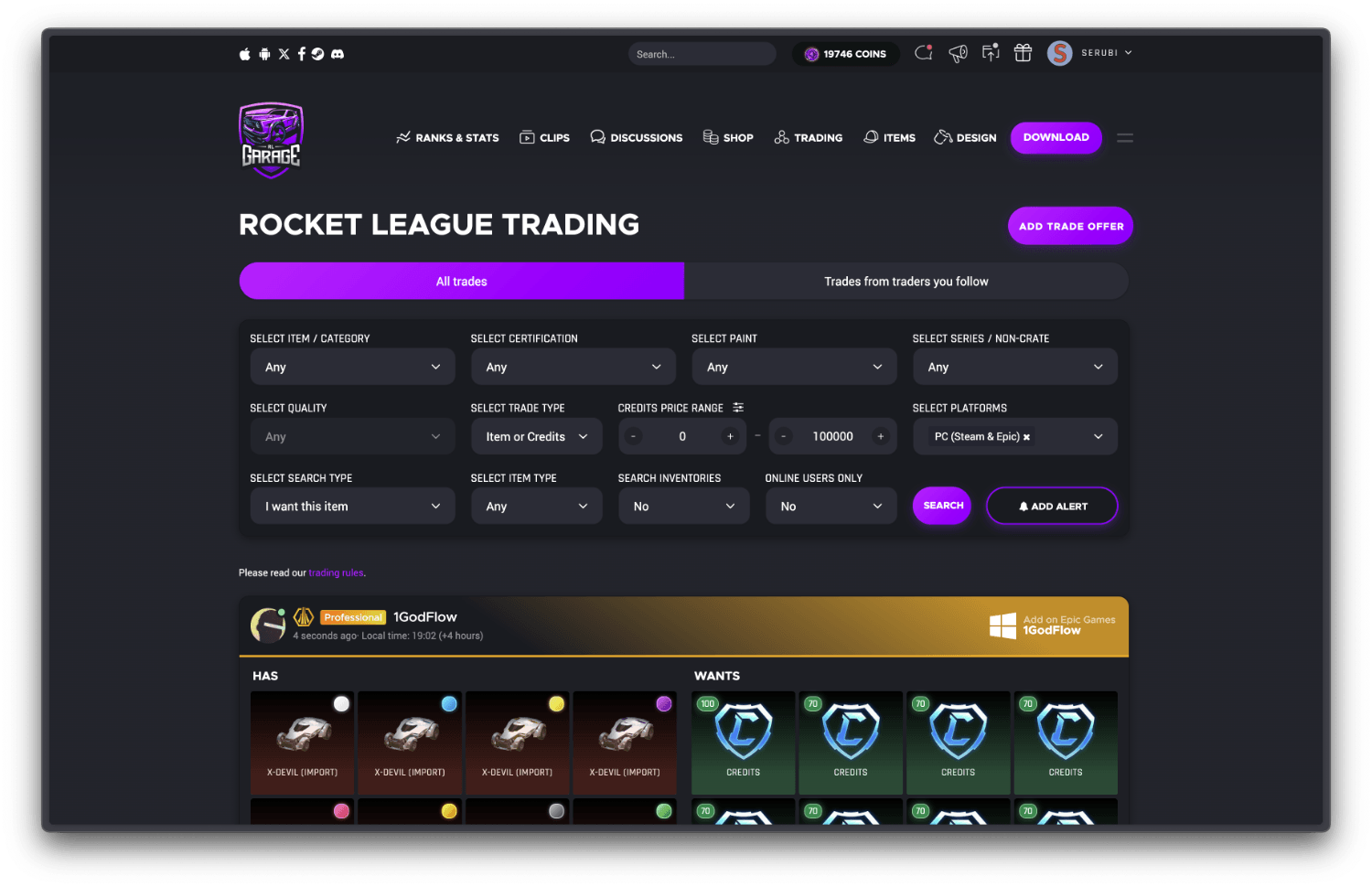 A screenshot of the trading home page