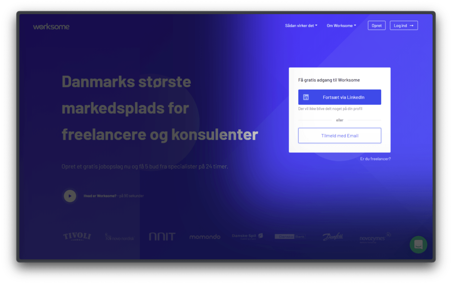 A screenshot of Worksome's landing page in 2019, featuring the CTA element I worked on