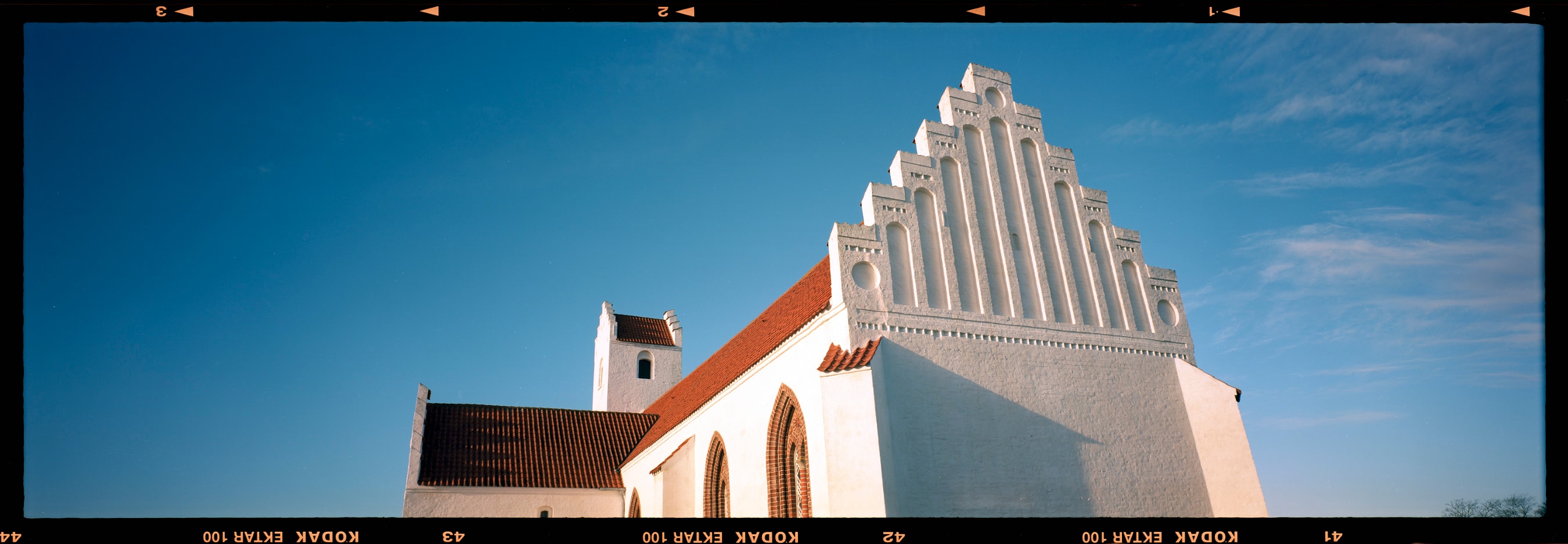 6x17 panoramic photograph of Nordby Church in Samsø, Denmark. Taken by Lucas Taylor on the ND 6x17 camera.