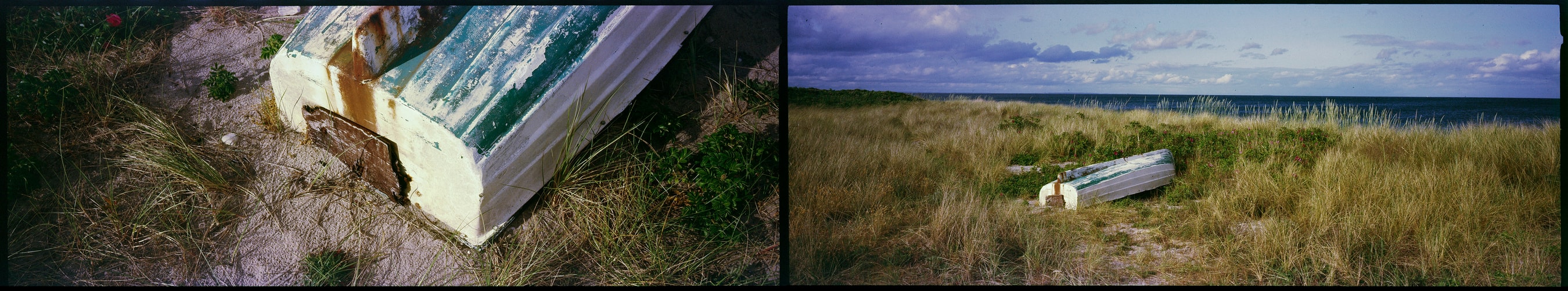 Abandoned colorful boat on the coast of Samsø. Taken by Lucas Taylor on a Hasselblad XPan camera.